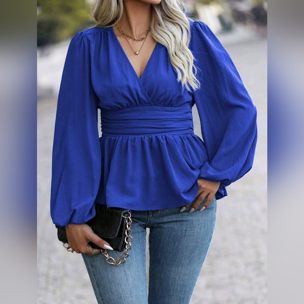 NEW Chic Ruched Waist Lantern Sleeve Peplum Top Blouse Plus Royal Blue